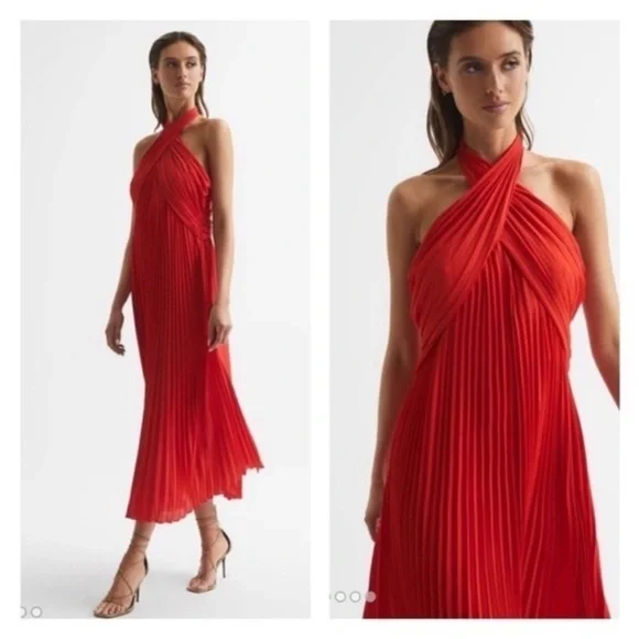NWT REISS Roya Pleated Halter Dress Red 6 - Picture 2 of 14